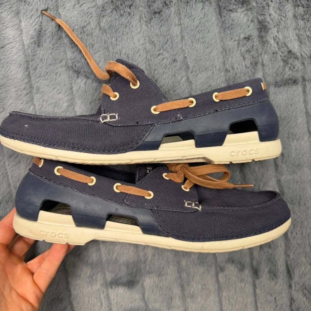 Crocs Mens Beach Line Boat Shoe Navy Blue Tan Canvas Loafer 200247 Size 10